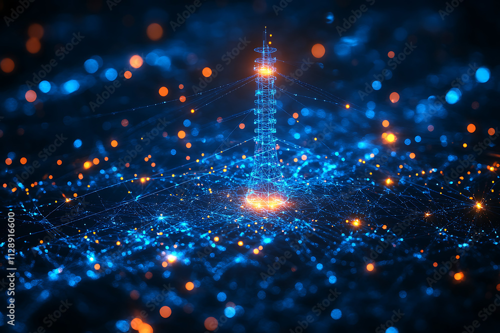 Obraz premium A glowing wireframe rendering of a futuristic 5G tower on a translucent background, highlighted with vibrant blue and black data points. A conceptual image representing advanced digital connectivity. 