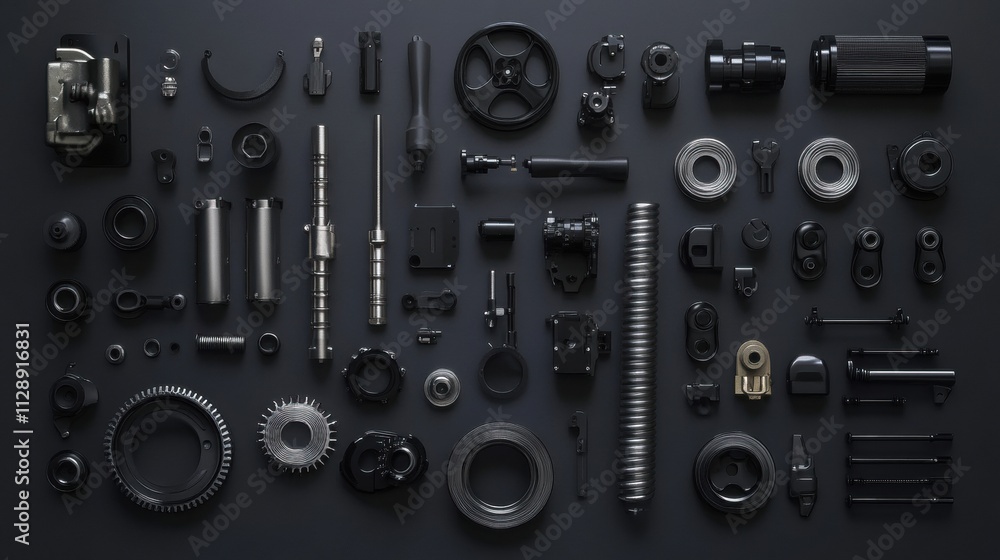 Obraz premium Various car engine components such as pistons, gears, and valves are displayed on a dark surface, providing ample copy space for text inclusion. Generative AI