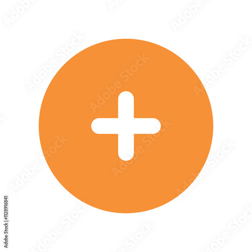 Abstract orange circle with a dark gray plus sign in its center.