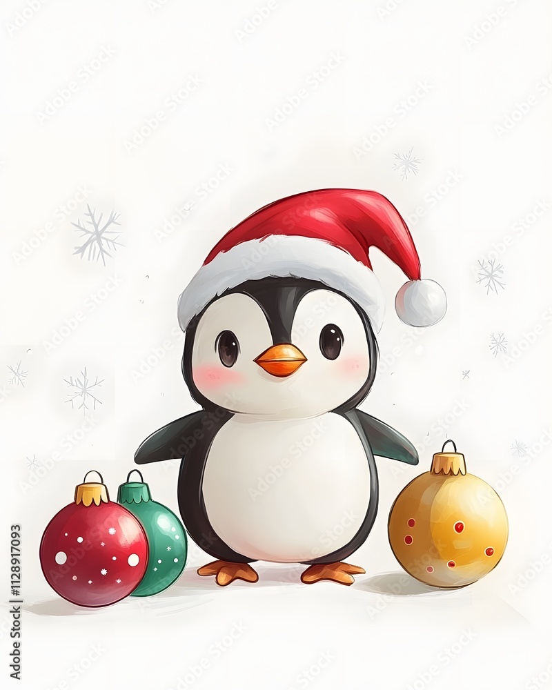 Cute cartoon little christmas penguin with red santa hat Cute cartoon little christmas penguin with red santa hat