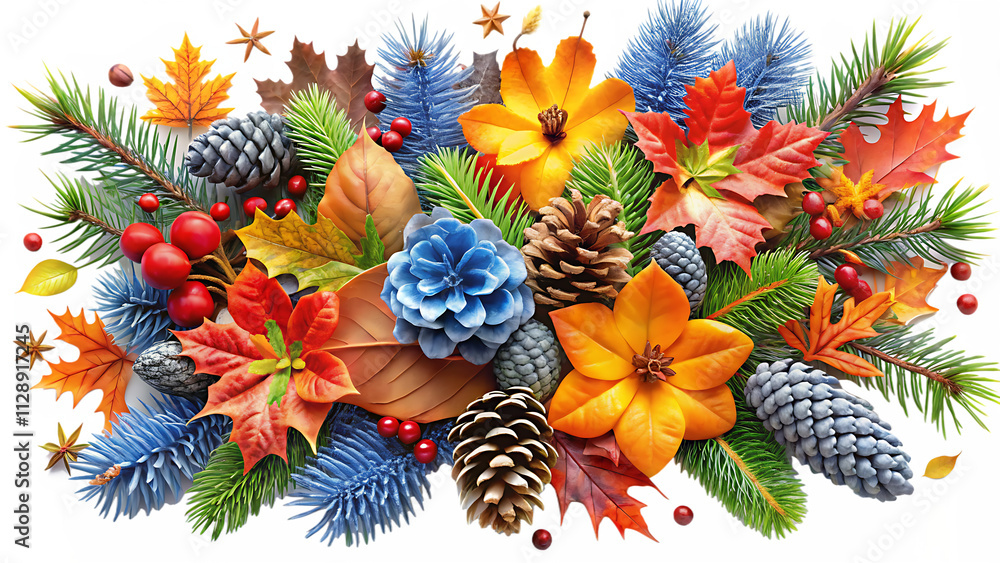Fototapeta premium Vibrant Autumn Leaves, Winter Foliage, and Festive Holiday Nature Design in Seasonal Transition on Transparent Background