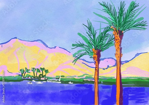 tropical landscape with palm trees. hand drawn landscape