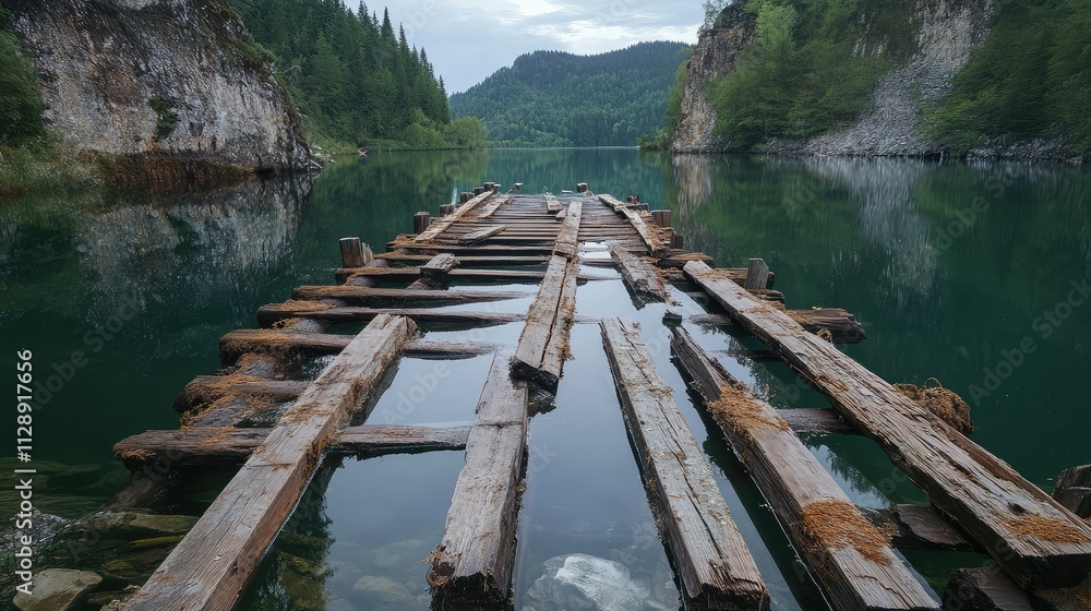 A fallen wooden pier extending into a lake, with broken beams and planks submerged in the water, creating ripples and reflections A fallen wooden pier extending into a lake, with broken beams and planks submerged in the water, creating ripples and reflections