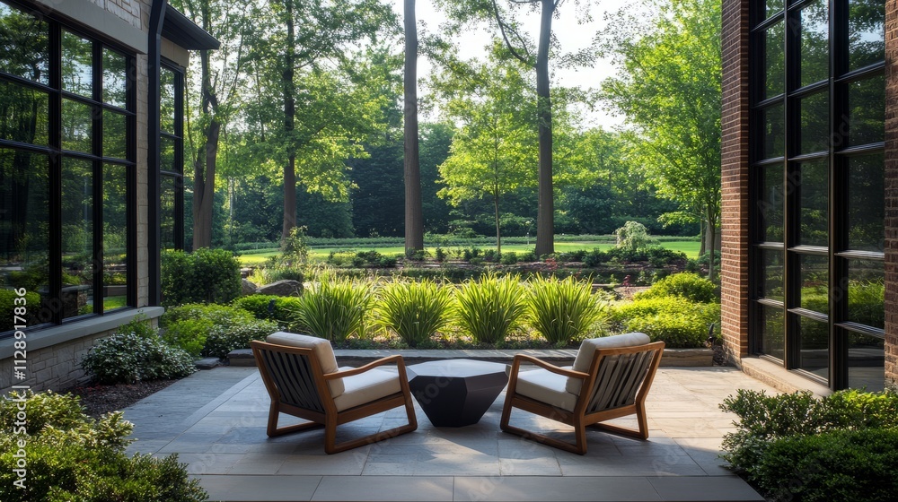 A stylish patio with modern chairs, a low table, geometric planters, and clean glass windows overlooking a tranquil garden A stylish patio with modern chairs, a low table, geometric planters, and clean glass windows overlooking a tranquil garden
