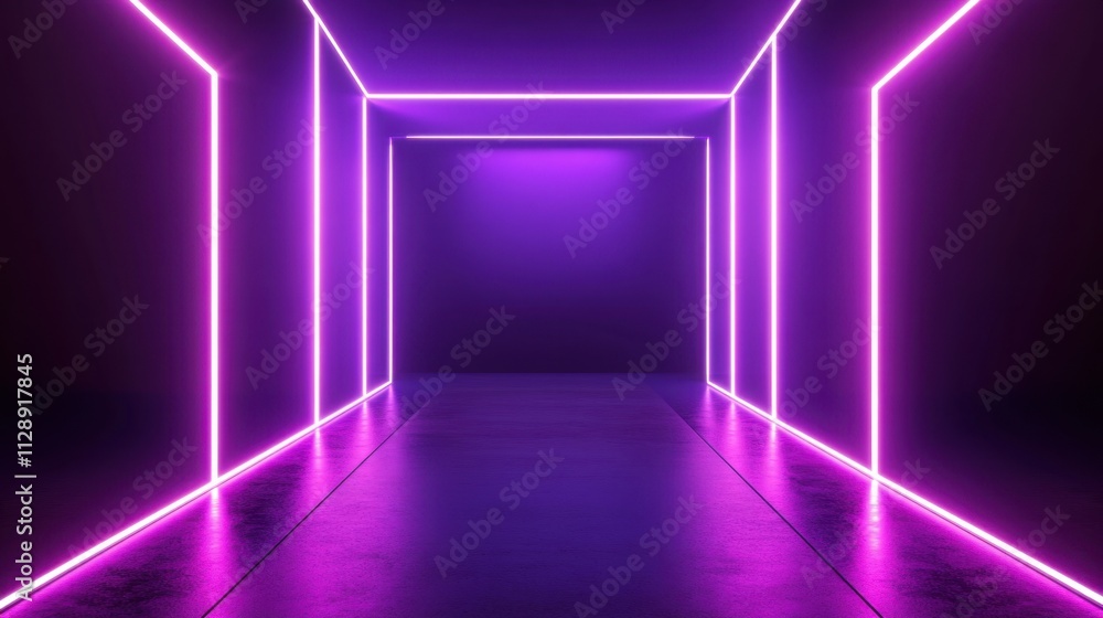 Neon Light Tunnel with Purple Glowing Lines in Dark Environment Neon Light Tunnel with Purple Glowing Lines in Dark Environment