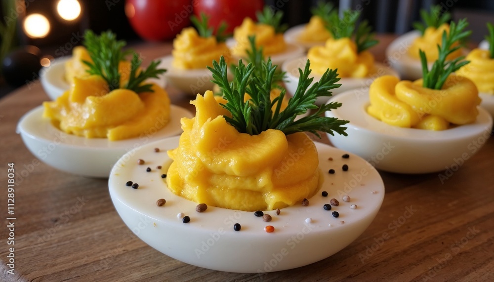 Savory deviled eggs with herbs served on wooden platter, gourmet appetizer presentation Savory deviled eggs with herbs served on wooden platter, gourmet appetizer presentation