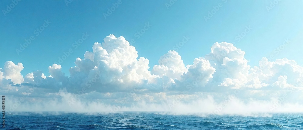 Fototapeta premium White fluffy clouds float in the blue sky with a few strands of mist rising from the ocean, fog, mist, nature