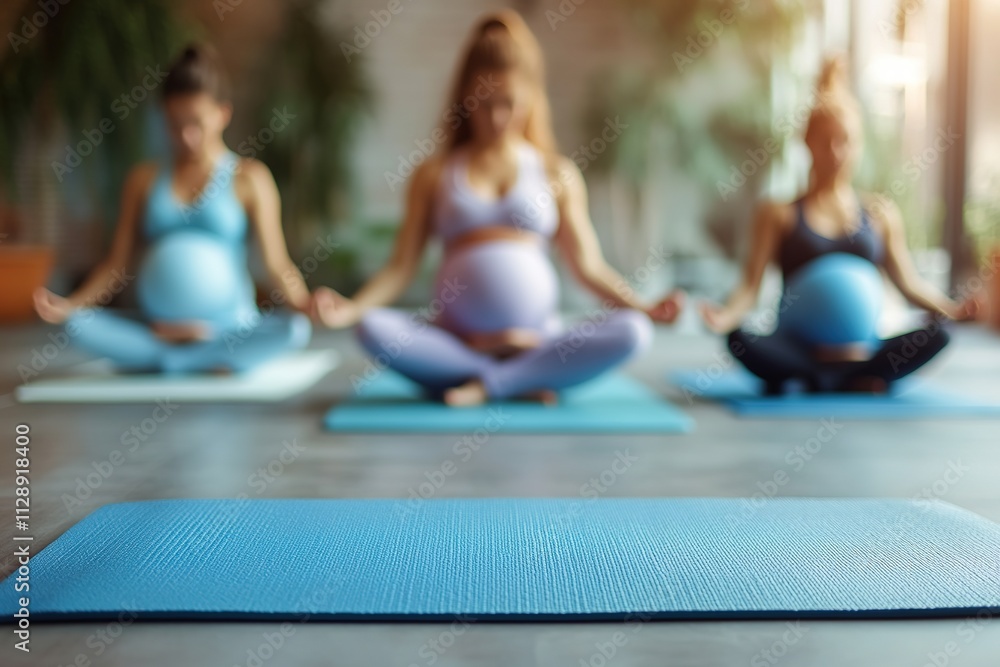 Pregnant women practicing yoga together, focus on yoga mat Pregnant women practicing yoga together, focus on yoga mat