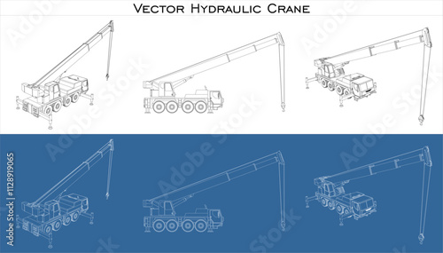 Set Hydraulic crane line draw blueprint wireframe from all view  front, side and back isolated in transparent background