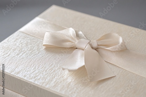 A medium close-up of a premium corporate gift box in neutral beige and gray tones, elegant ribbon, minimalist design, soft lighting, studio background 5 photo