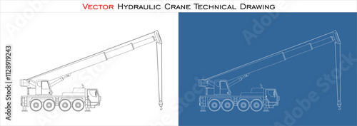 Side view Hydraulic crane vector truck technical drawing blueprint. isolated on transparent background