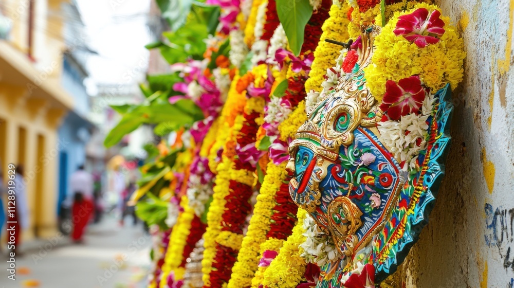 Obraz premium Vibrant Garlands Handicrafts and Colorful Displays at an Indian Market Festival
