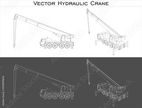 Set vector Hydraulic crane line draw blueprint wireframe from all view  front, side and back isolated in transparent background