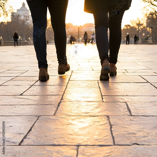 Sunset stroll through a historic city plaza