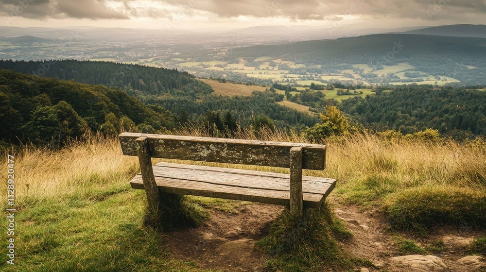 Scenic Mountain View with an Empty Wooden Bench on a Hilltop Scenic Mountain View with an Empty Wooden Bench on a Hilltop