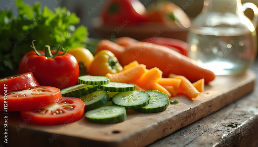 Fresh vegetables and water in a rustic kitchen setting with natural light in the background Fresh vegetables and water in a rustic kitchen setting with natural light in the background