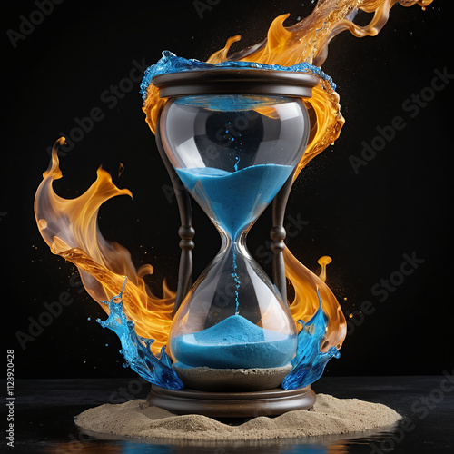 Fiery Sands of Time: An Hourglass engulfed in flames and water, a surreal time concept photo