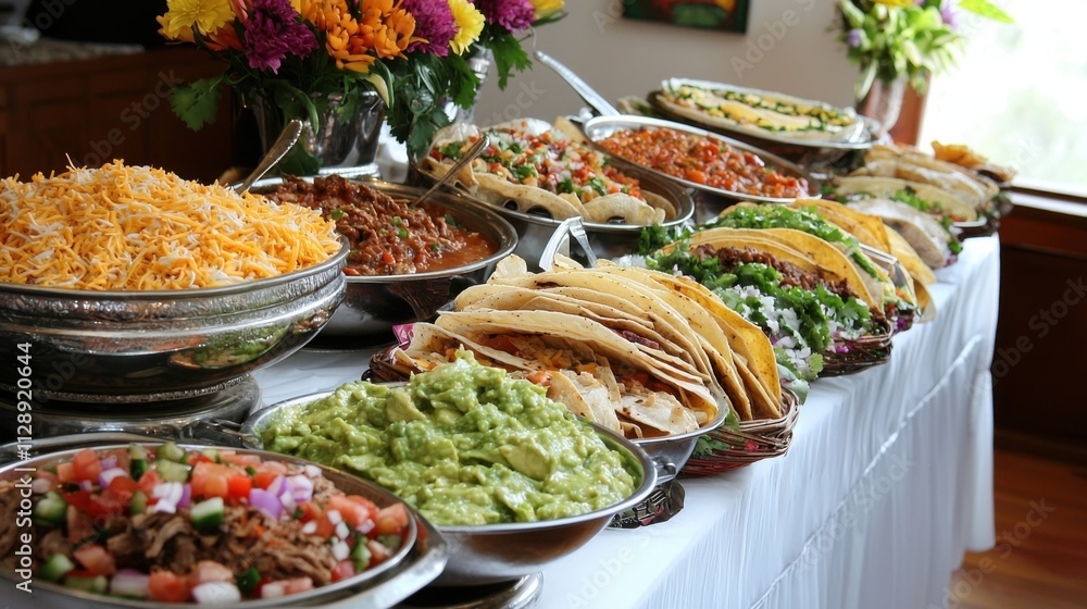Fototapeta premium Vibrant Mexican Food Buffet Spread with Colorful Dishes and Decorative Elements