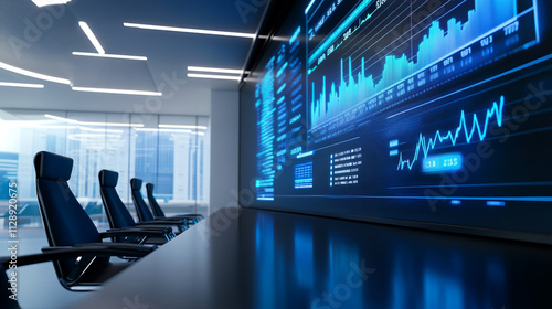 Modern office with digital financial analytics display