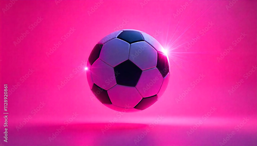 Fototapeta premium Neon Fantasy: A Radiant Football Hovers in the Air, Illuminated by an Electric Pink Backdrop