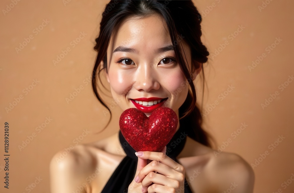 portrait of a beautiful asian woman with a red heart on a beige background portrait of a beautiful asian woman with a red heart on a beige background