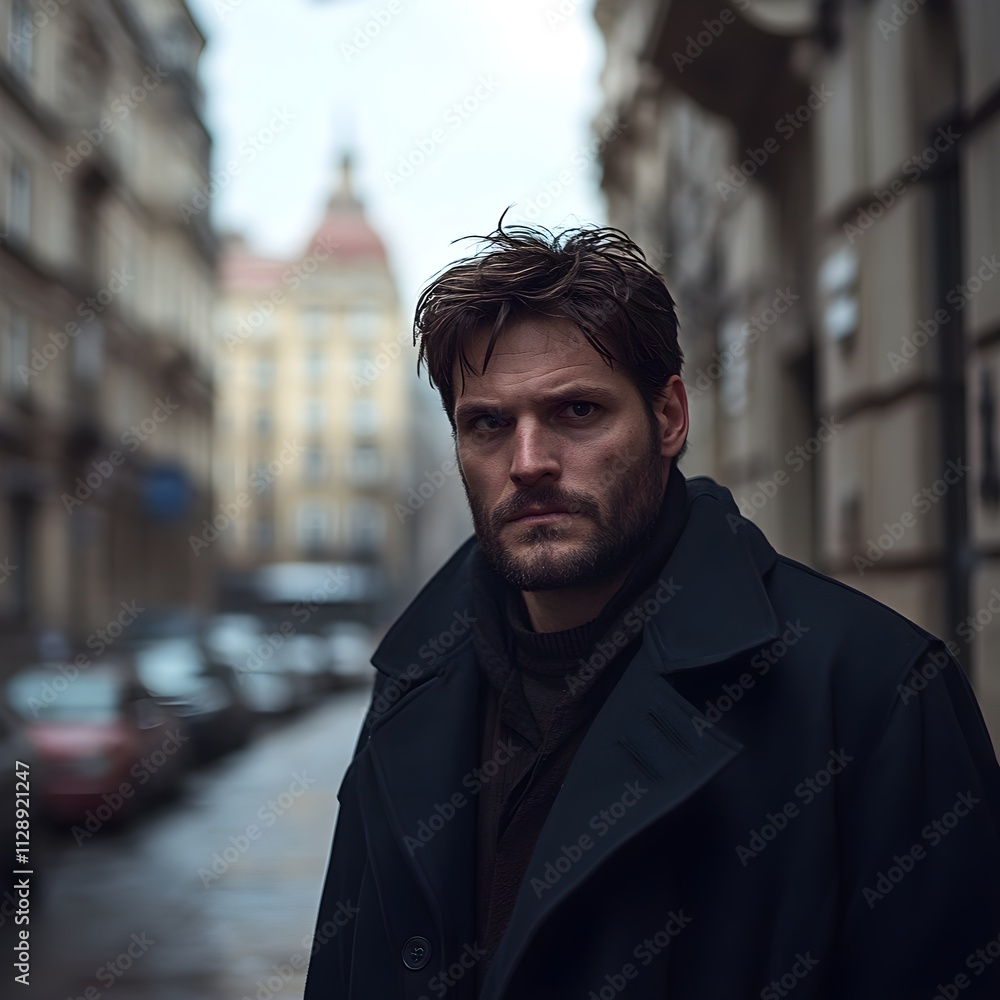 European man in his 30s, He's an enforcer for a crime syndicate, Dark brown hair, Scruffy looking, Looks menacing. Standing in the streets of Budapest, Day time, looks intimidating and dangerous European man in his 30s, He's an enforcer for a crime syndicate, Dark brown hair, Scruffy looking, Looks menacing. Standing in the streets of Budapest, Day time, looks intimidating and dangerous