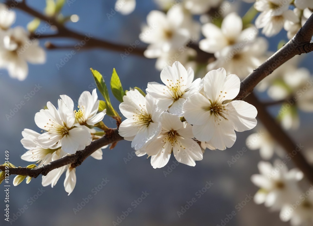 A single white cherry blossom on a branch in the sunlight , floral details, serene landscape A single white cherry blossom on a branch in the sunlight , floral details, serene landscape