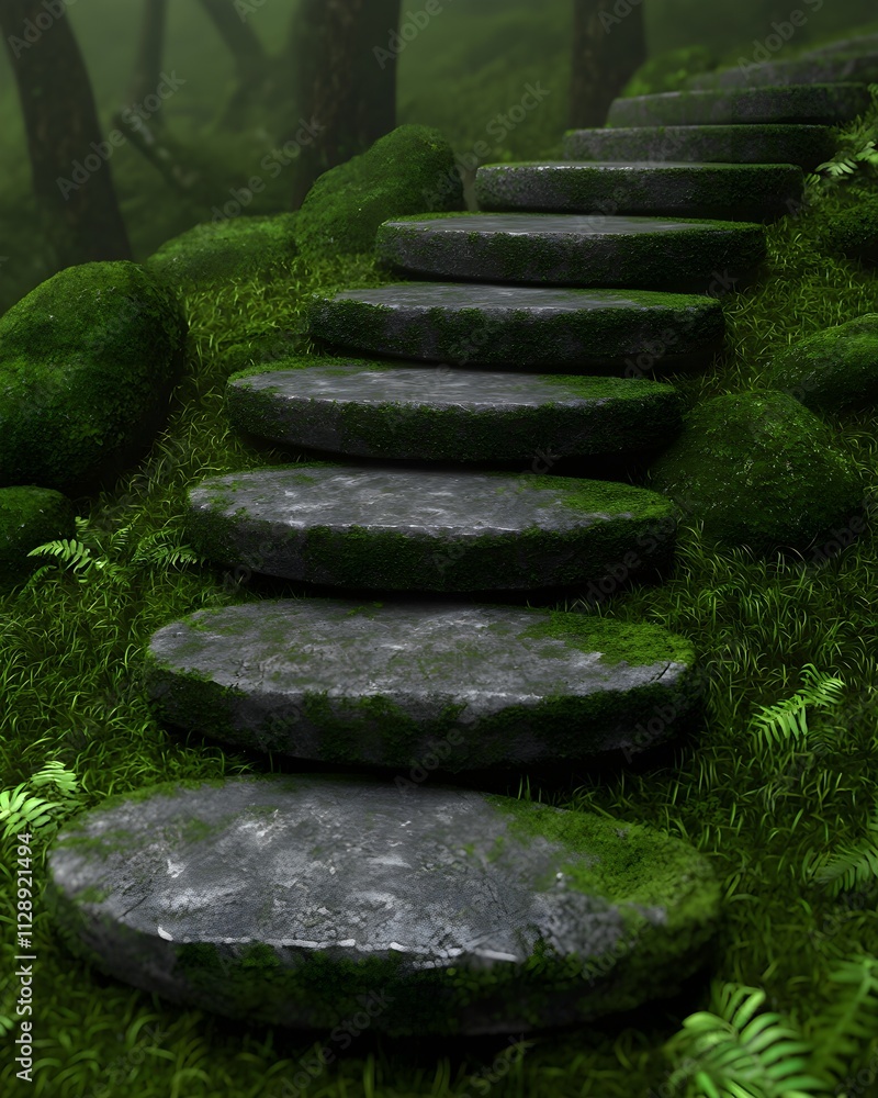 Serene moss-covered stone steps in a tranquil forest