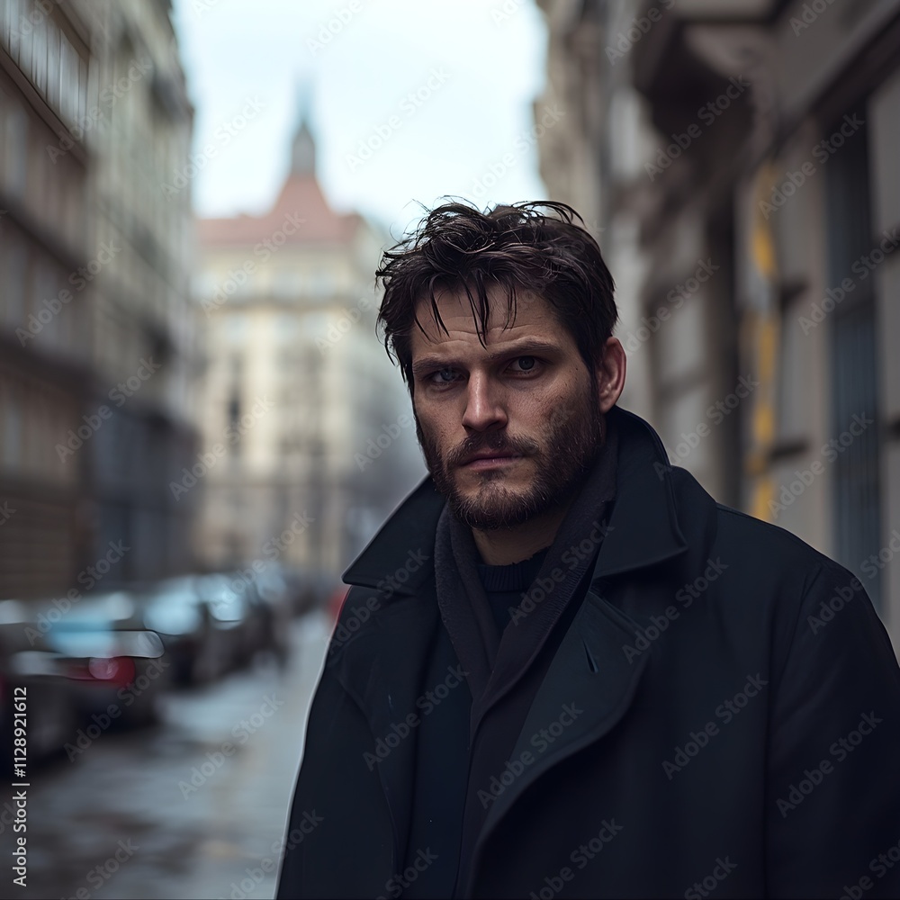 An enforcer for a crime syndicate, an older man in his 30s, has dark brown hair and is scruffy looking, which makes him intimidating and dangerous. standing on the streets of Budapest at daylight An enforcer for a crime syndicate, an older man in his 30s, has dark brown hair and is scruffy looking, which makes him intimidating and dangerous. standing on the streets of Budapest at daylight