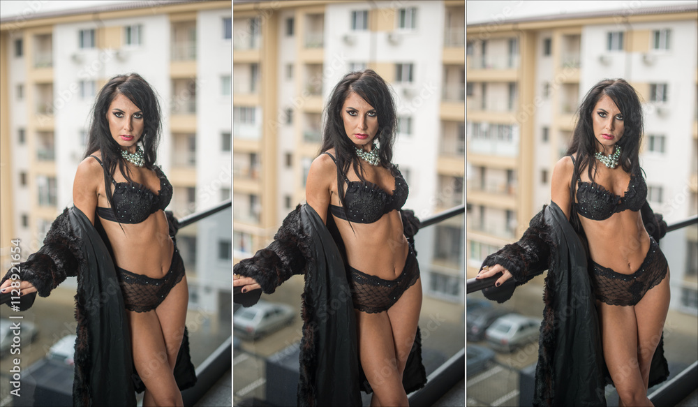 Beautiful brunette woman in black lingerie , high heels and fur coat posing in the city. Elegant and sensual brunette girl with long hair in black lingerie posing on the roof in fur coat