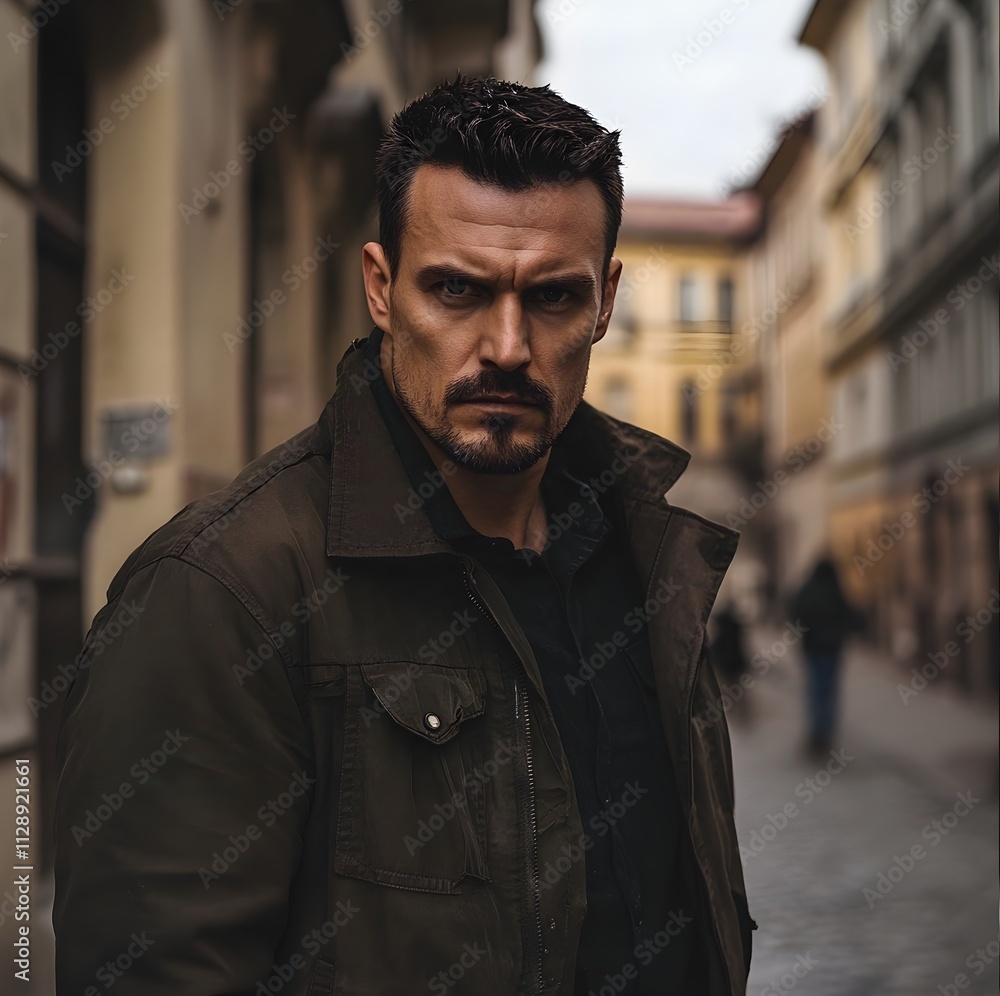 A man in his 30s who works for a crime syndicate in Hungary is both intimidating and dangerous because of his dark brown hair and scruffy attire on the streets during the day. A man in his 30s who works for a crime syndicate in Hungary is both intimidating and dangerous because of his dark brown hair and scruffy attire on the streets during the day.