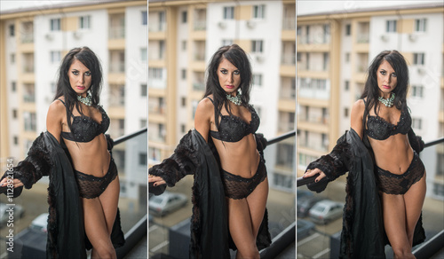 Obraz na płótnie Beautiful brunette woman in black lingerie , high heels and fur coat posing in the city. Elegant and sensual brunette girl with long hair in black lingerie posing on the roof in fur coat w salonie