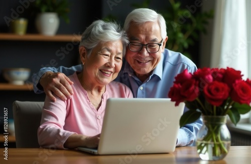 senior asian couple with laptop