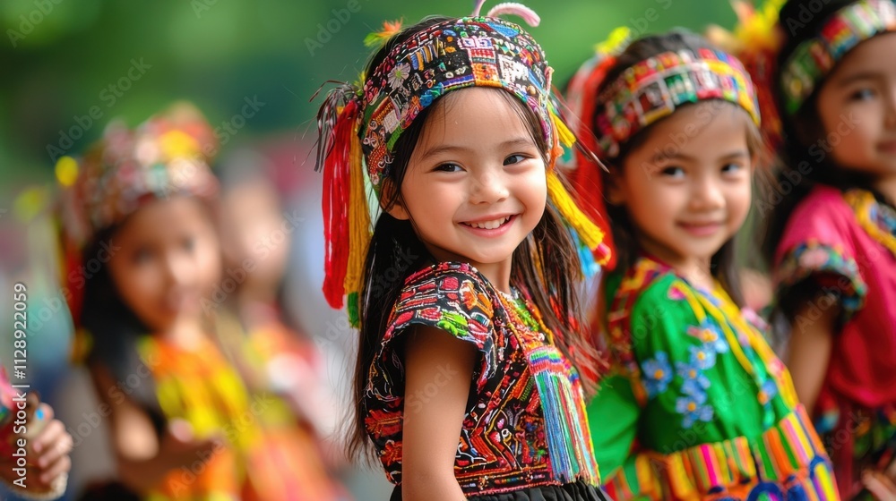 Colorful and Vibrant Traditional Costumes of Indigenous Girls Celebrating a Cultural Festival Outdoors Colorful and Vibrant Traditional Costumes of Indigenous Girls Celebrating a Cultural Festival Outdoors