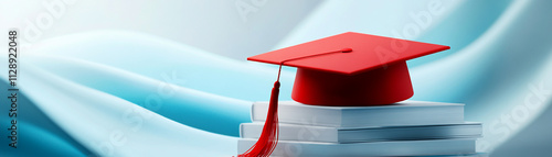 Red graduation cap on books with blue background symbolizing success. photo