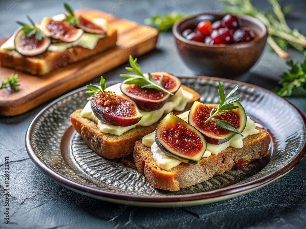 Delicious Toasts with Figs Jam and Brie Cheese on a Ceramic Plate - A Healthy Food Concept Perfect for Gourmet Snacks and Appetizers with Copy Space for Text Delicious Toasts with Figs Jam and Brie Cheese on a Ceramic Plate - A Healthy Food Concept Perfect for Gourmet Snacks and Appetizers with Copy Space for Text