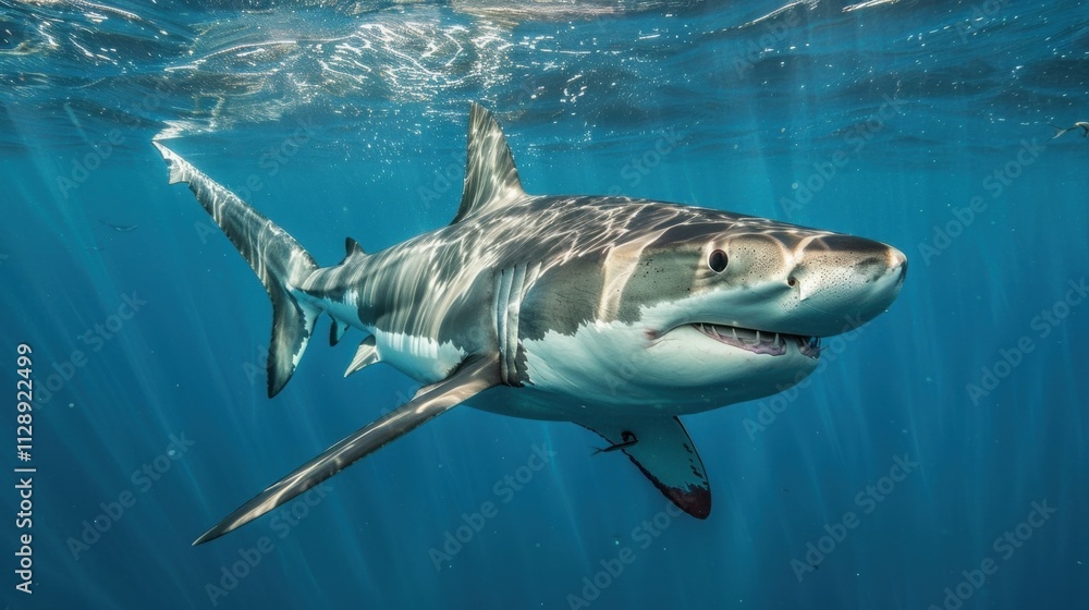 Naklejka premium Great white shark gliding gracefully through the blue ocean waters, showcasing the beauty of its natural habitat and creating an enchanting underwater scene filled with marine life