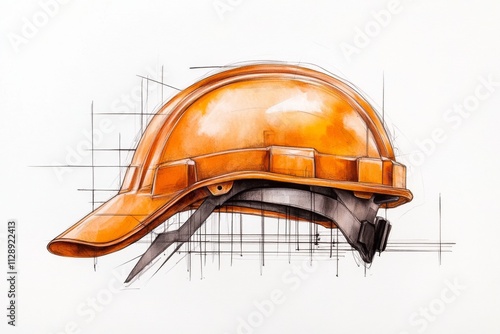 A sleek depiction of an electrician helmet and safety gloves, drawn in muted tones and geometric precision photo