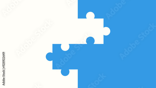 Two puzzle pieces on a divided white and blue background