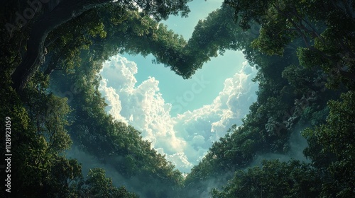 Heart-Shaped Canopy of Lush Green Forest With Scenic Sky Views