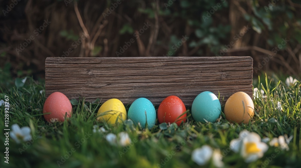 Colorful Easter Eggs Arranged on Grass with Wooden Background Colorful Easter Eggs Arranged on Grass with Wooden Background
