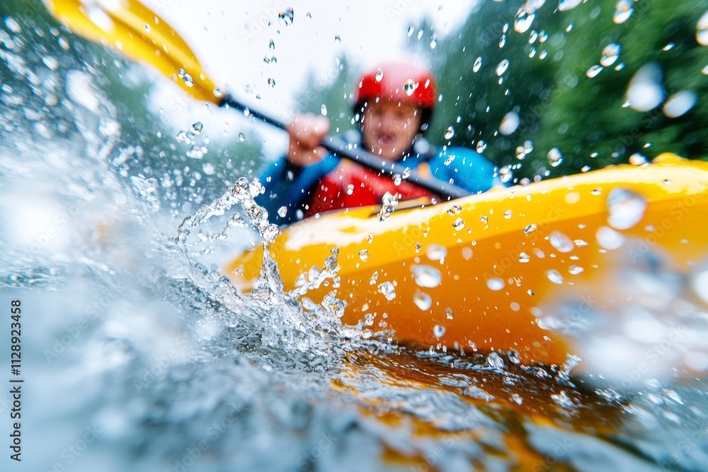 Fototapeta premium Professional kayaker paddling a yellow kayak through rough water, generating splashes