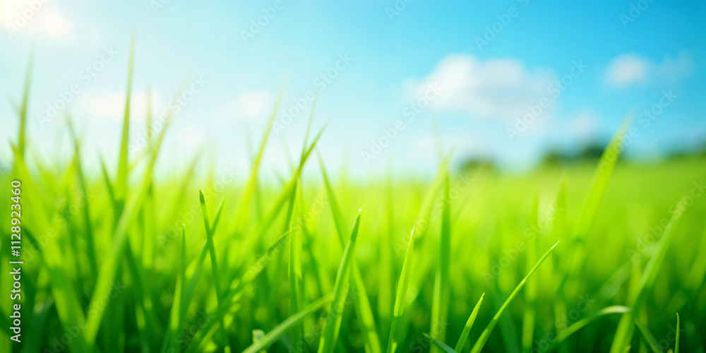 Dewy green grass blades with a blurred bright green background. Dewy green grass blades with a blurred bright green background.