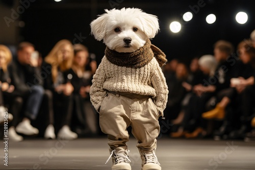 A fashionable white puppy on the runway in a cozy sweater, beige work pants, scarf, and sneakers, with a group of people watching the show 2