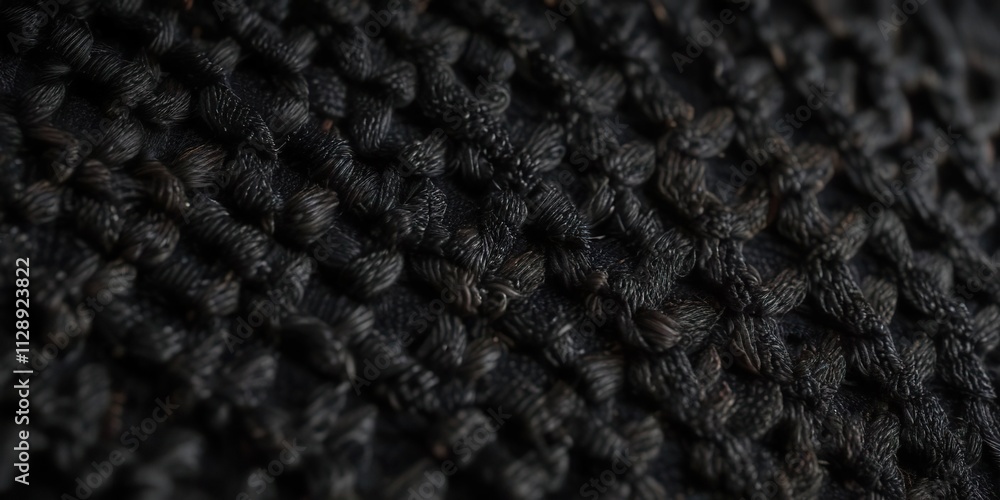 Fototapeta premium Close-up view of intricate knit stitch on black fine knit fabric showcasing the depth of the fabric's weave, black fine knit fabric, knit stitch texture
