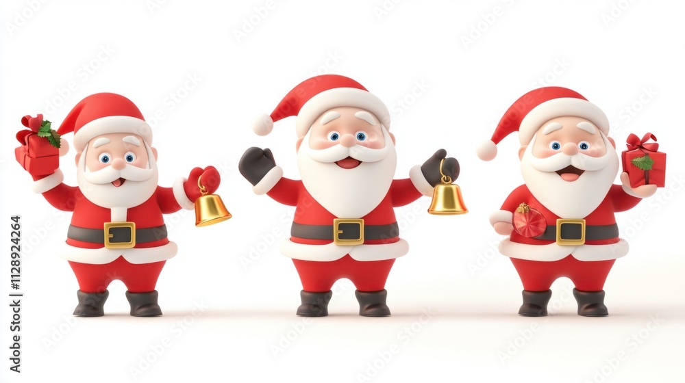 Collection of 3D Santa Claus characters holding presents and ringing bells, isolated on a clean white background Collection of 3D Santa Claus characters holding presents and ringing bells, isolated on a clean white background
