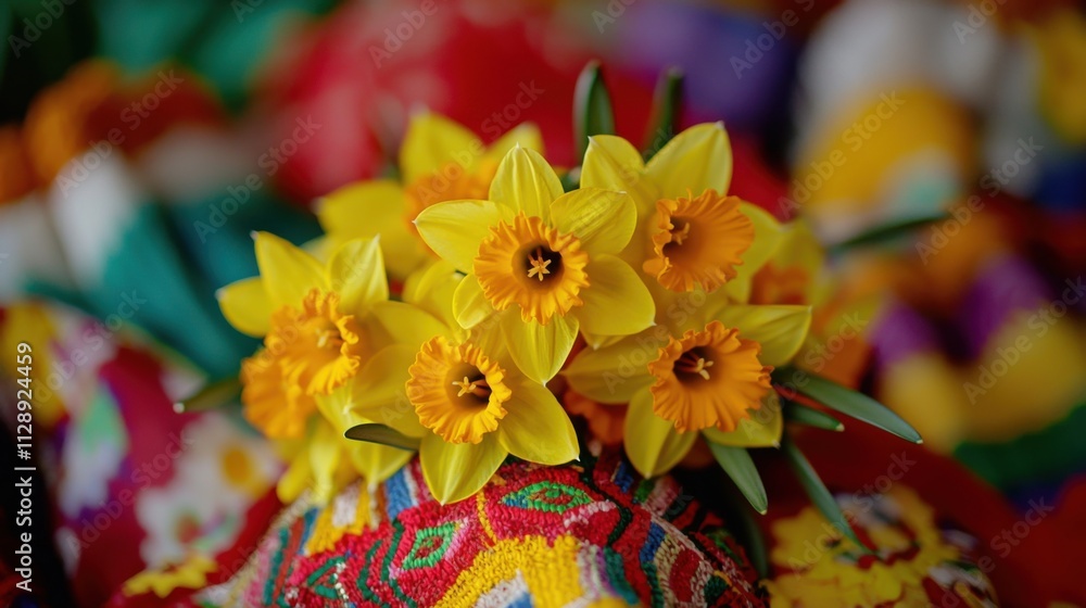 Vibrant Yellow Daffodils in Blooming Flower Garden with Colorful Background Vibrant Yellow Daffodils in Blooming Flower Garden with Colorful Background