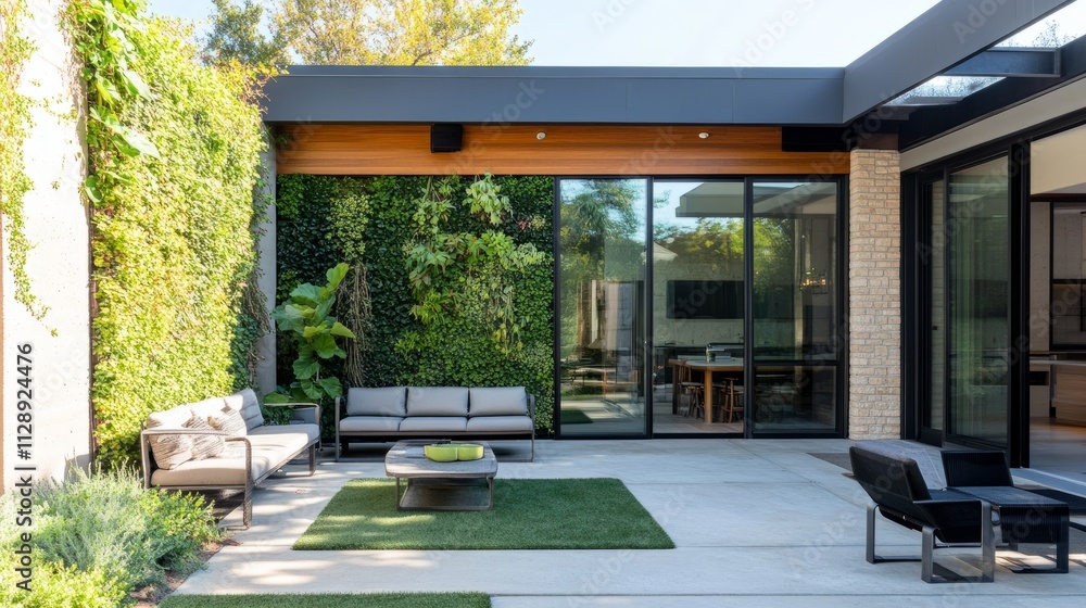 Sleek patio corner featuring Scandinavian-style furniture, a green wall of plants, and glass doors merging indoor and outdoor living Sleek patio corner featuring Scandinavian-style furniture, a green wall of plants, and glass doors merging indoor and outdoor living
