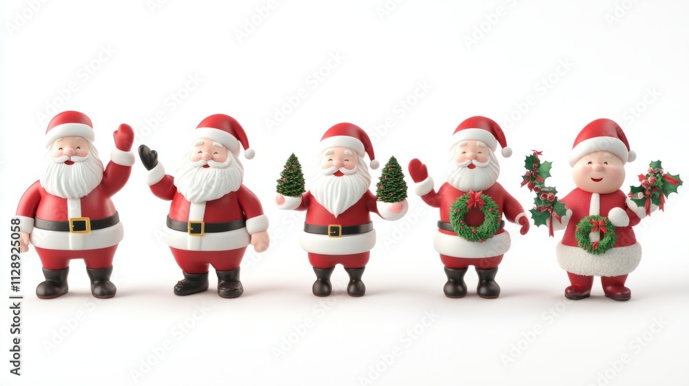 Collection of 3D Santa Claus characters with festive accessories like stockings and holiday wreaths, on white Collection of 3D Santa Claus characters with festive accessories like stockings and holiday wreaths, on white