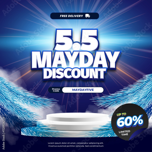 5.5 Mayday Shopping day Sale discount deals Editable text with soft blue gradient white podium showcase pine tree snow banner